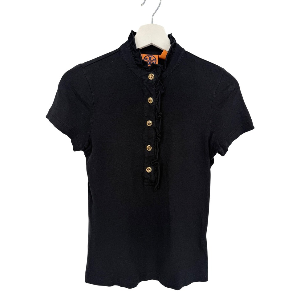 Tory Burch Polo Shirt Women XS Black Ruffle Mock Neck Logo Buttons